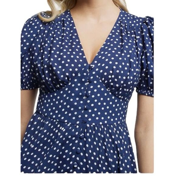 River Island Navy Blue Polka Dot Button Front Midi Dress NWT Size 6 - Picture 4 of 5